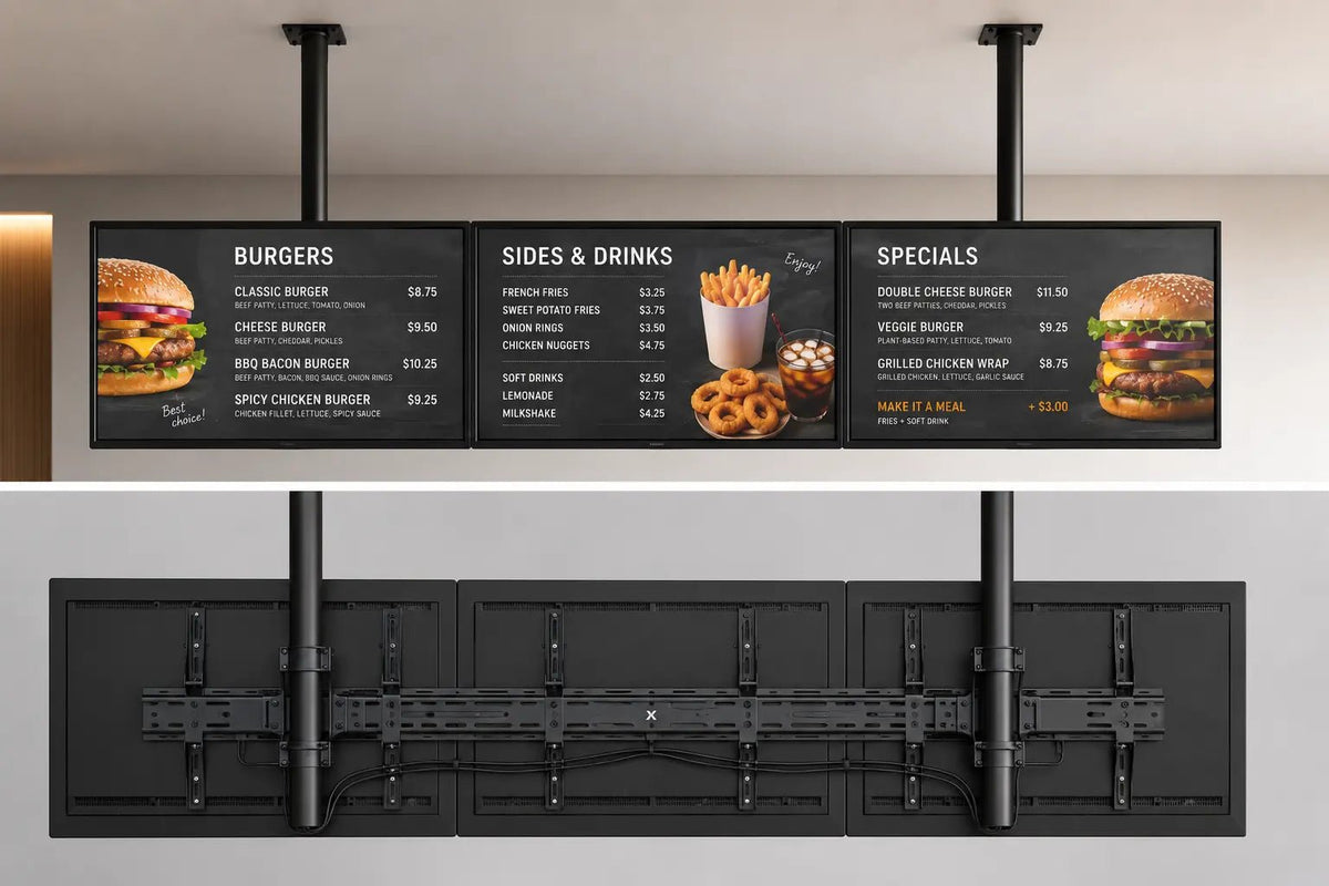 Ophangsysteem voor menubord met 3 schermen. - Digitale Infozuil